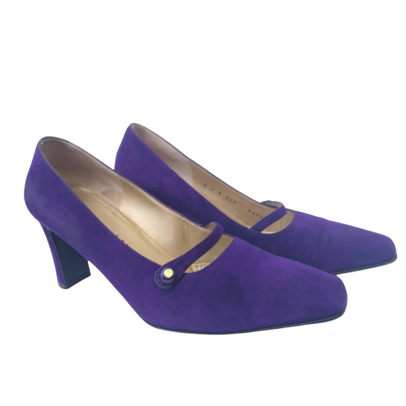 St. John Womens Purple Gold Leather Suede Square Heels Pointed Toe Shoe Size 6B - Picture 3 of 12
